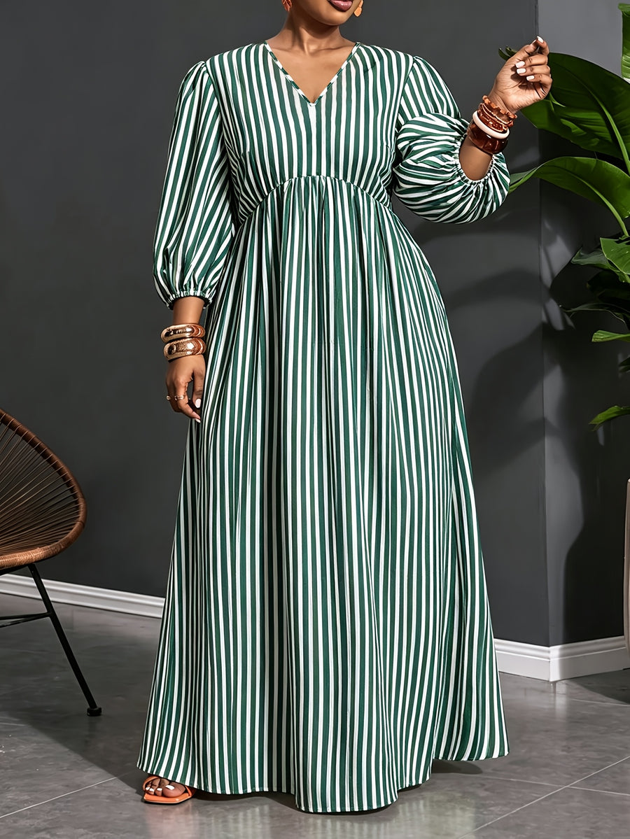 Plus Size, Plus-size Women's Vertical Stripe Long Dress, V-neck Puff Long Sleeve High-waist Flowy A-line Vacation Casual Maxi Dress - Green