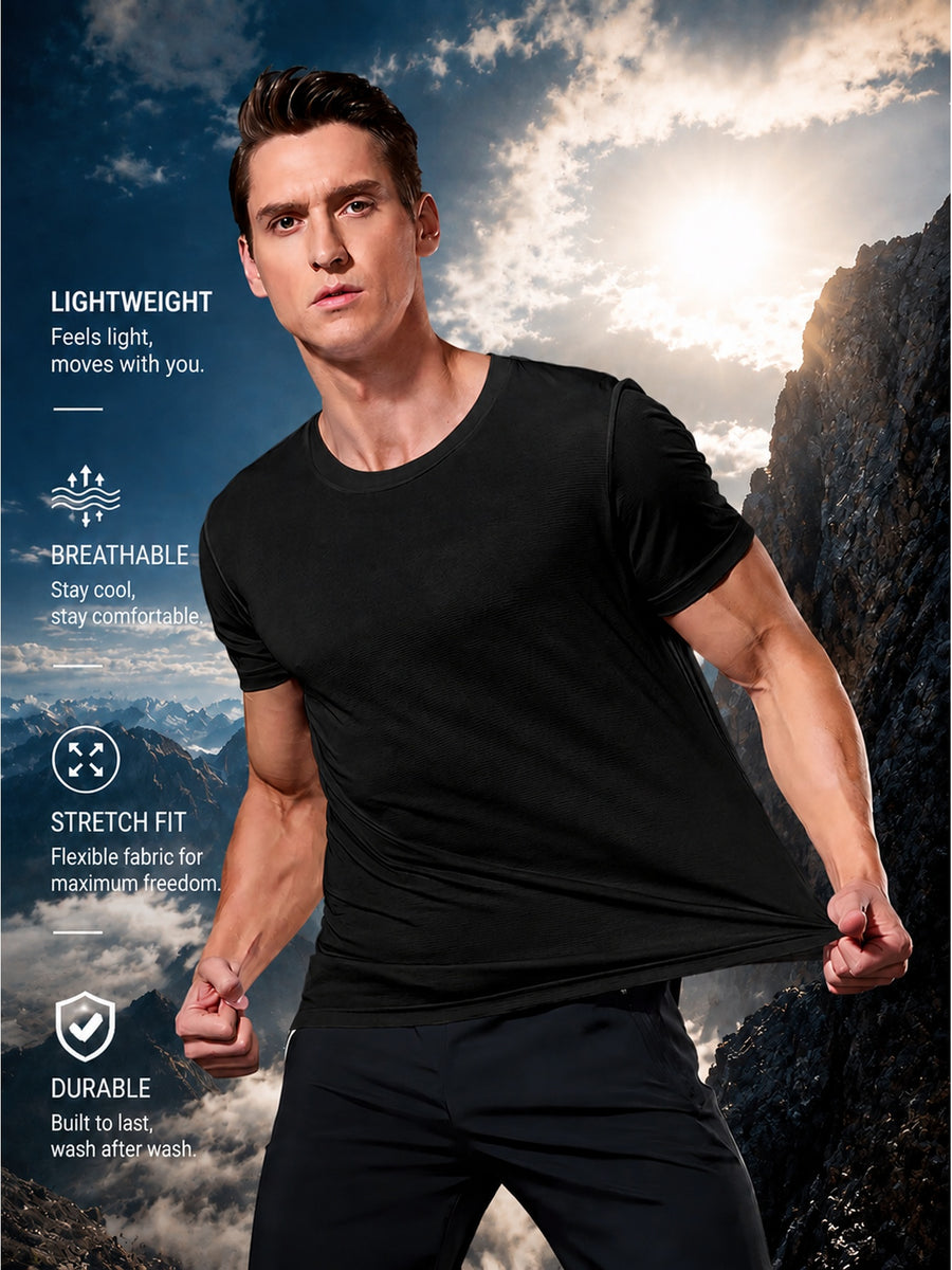 Men's Solid Color T-Shirt, High-Stretch Breathable Lightweight Quick-Dry Casual Crew Neck Base Layer Top, Versatile for Sports, Outdoors, and Daily Wear. A Genuine, High-Quality, Premium Gift for Holidays - Black