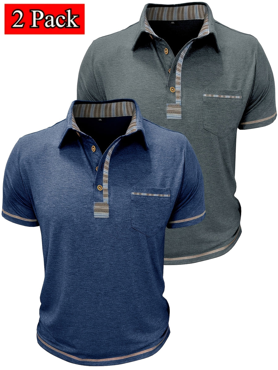 Set of 2 Men'S Short-Sleeve Polo Shirts, Casual Vintage Collared Pocket Tees, Henley Shirts - Navy Blue+Dark Grey