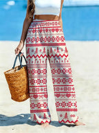 Women'S Casual Wide-Leg Pants, Retro -Look Christmas Pattern, Ideal for Women Who Love Atmospheric Style, Suitable for Holiday Outings, Shopping, And Various Occasions [Printed Design - No Texture] - Mixed colors