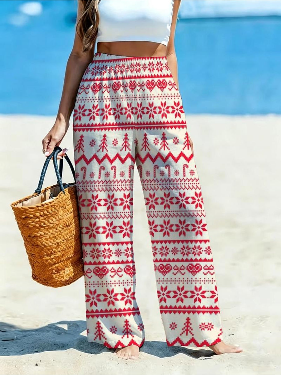 Women'S Casual Wide-Leg Pants, Retro -Look Christmas Pattern, Ideal for Women Who Love Atmospheric Style, Suitable for Holiday Outings, Shopping, And Various Occasions [Printed Design - No Texture] - Mixed colors