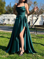 Elegant Women's Green Satin Spaghetti Strap Wrap Neckline Ruffle Hem Back Tie Slit Dress for Banquets, Parties, Weddings, and Bridesmaid Attire - Dark Green