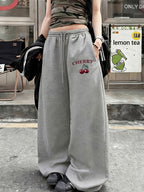Women's Fun "Cherry Fruit" Letter Sweetheart Pattern Print Fashionable Street Style Light Gray Drawstring Loose Fit Sweatpants, Daily Soft and Comfortable Vintage Fashion Commuter Versatile Y2K Hip-Hop Sporty Loose Pants, Suitable for Outdoor Sports - Grey
