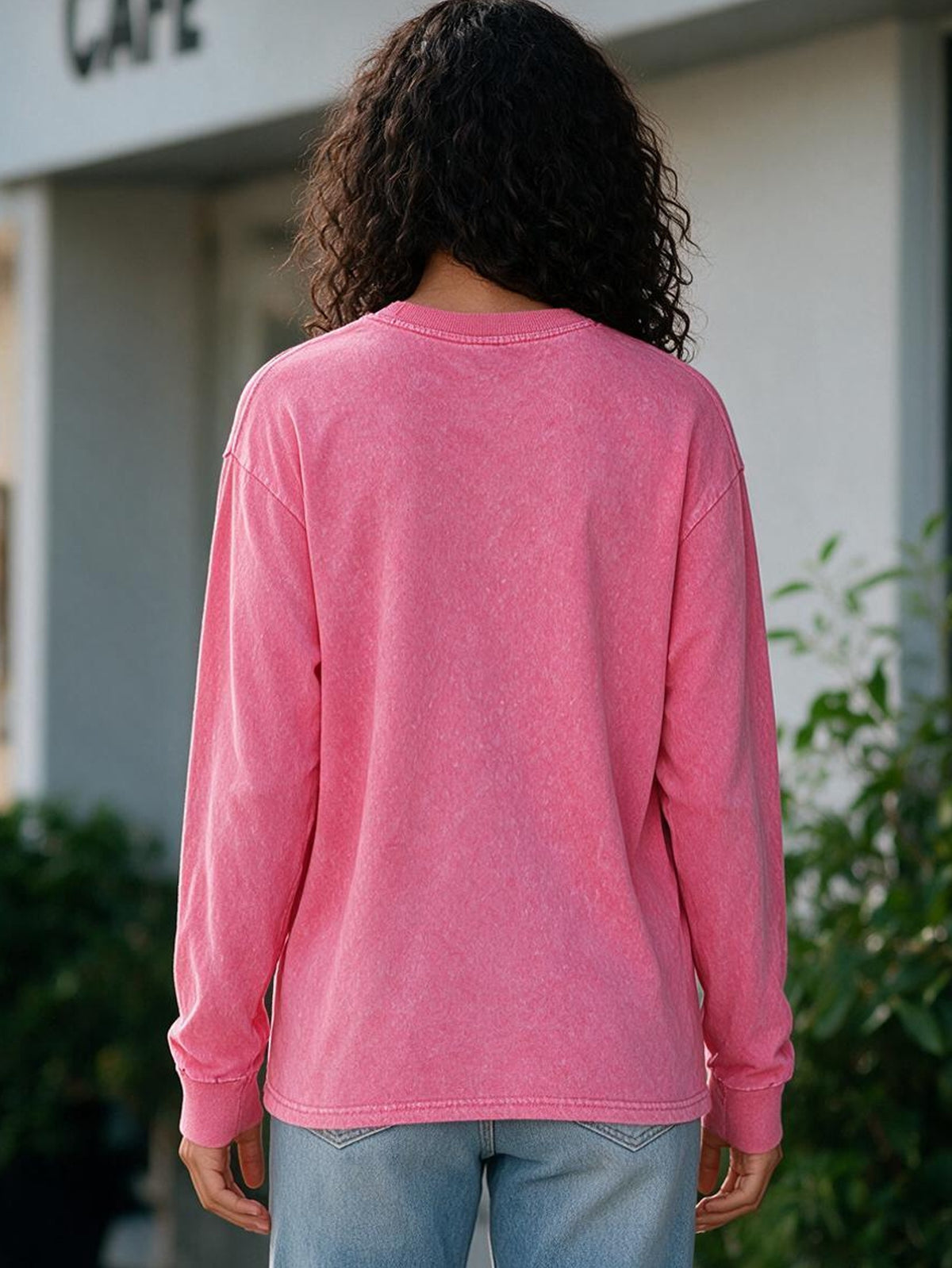American Retro 3pcs Set Washed Distressed Pure Long Sleeve T-Shirt Loose Casual Unisex Round Neck Base Layer Spring Autumn Couple All-Match Multi-Color Long Sleeve Top - Rose Red