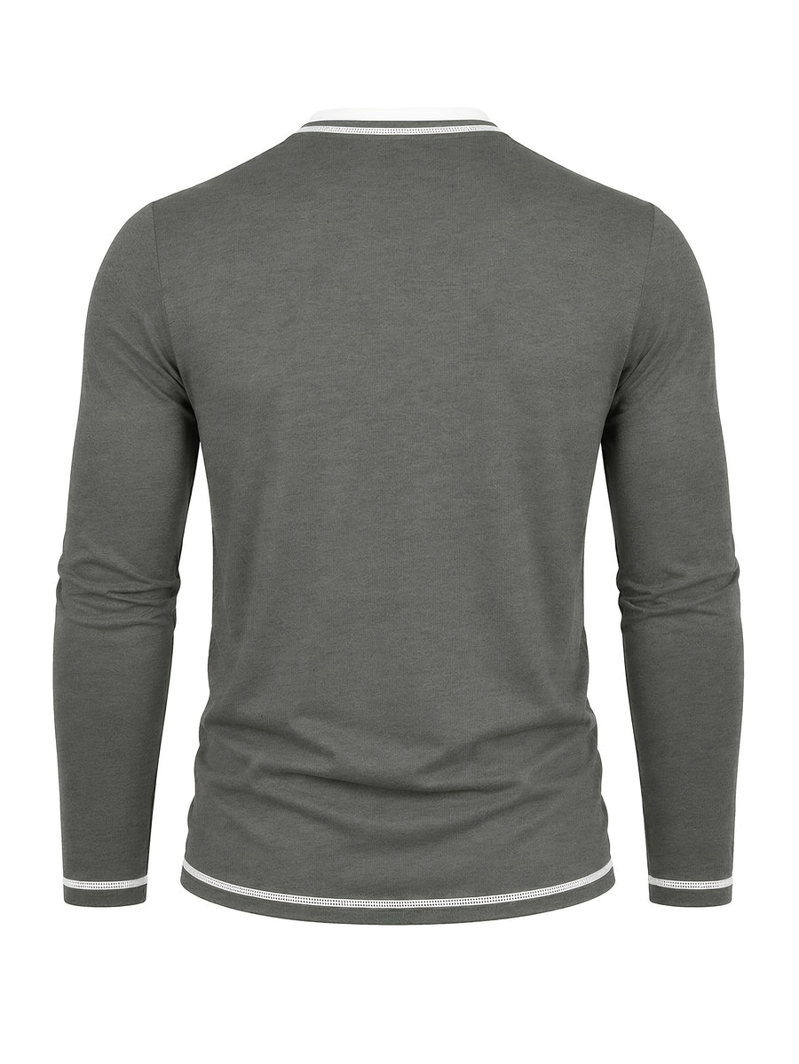 Cross-Border Men's Long Sleeve Crew Neck T-Shirt 2-in-1 Look Henley Shirt European and American Men's Pullover Top Base Layer Shirt - Dark Gray