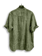 Men'S Summer Casual Henley Shirt, Preppy Style Thin Stand-Up Collar Short Sleeve T-Shirt, Retro Crinkle Ramie Pullover Men'S Top - Olive Green
