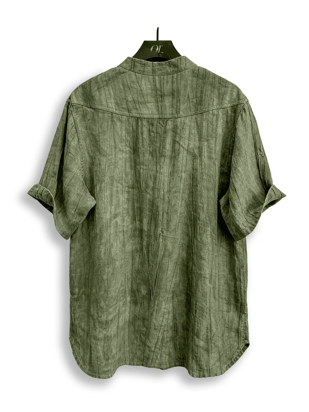 Men'S Summer Casual Henley Shirt, Preppy Style Thin Stand-Up Collar Short Sleeve T-Shirt, Retro Crinkle Ramie Pullover Men'S Top - Olive Green