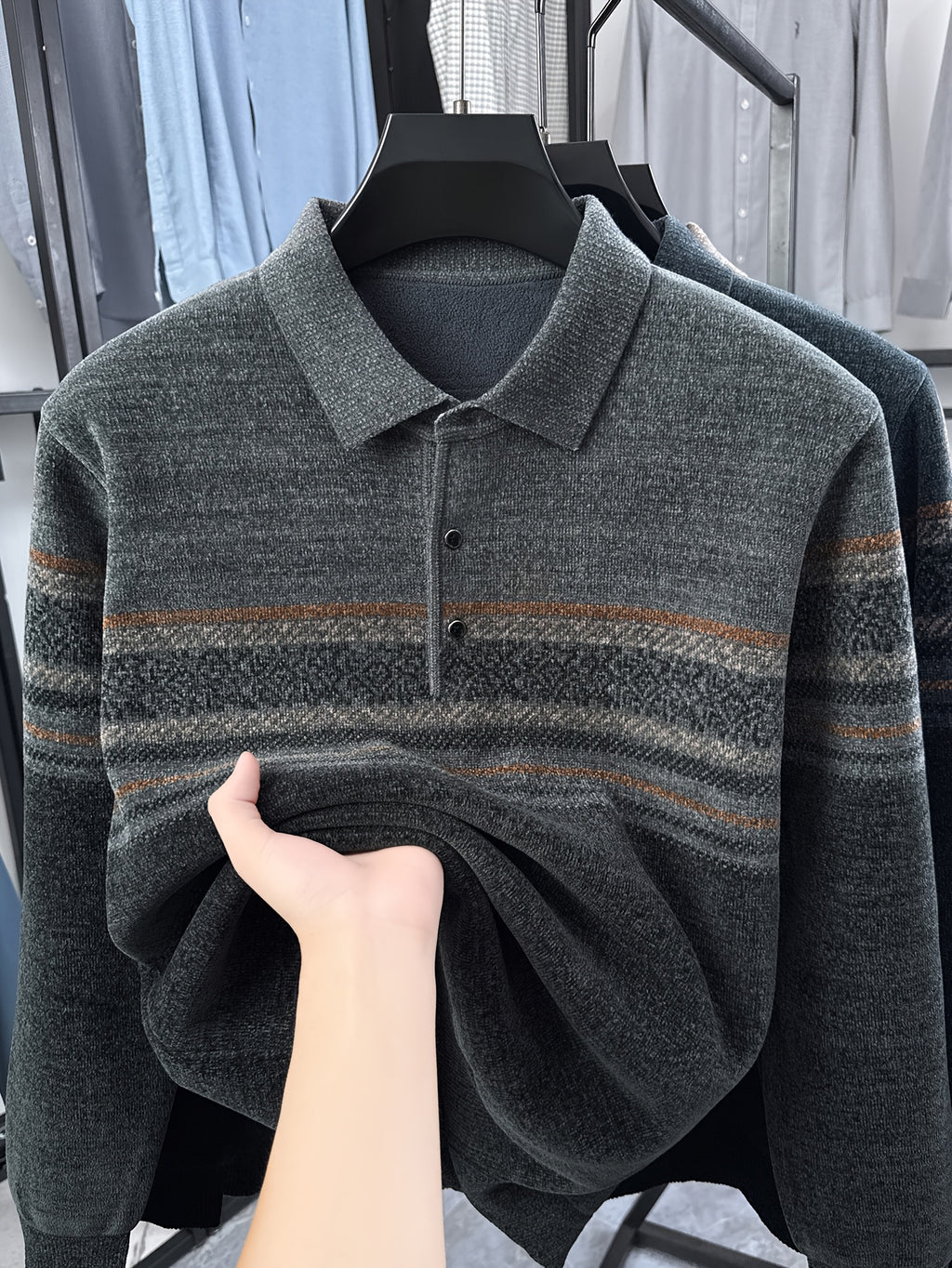 Men'S Knit Pullover with Lapel, Autumn Winter Casual Contrast Warm Sweater - Light Grey