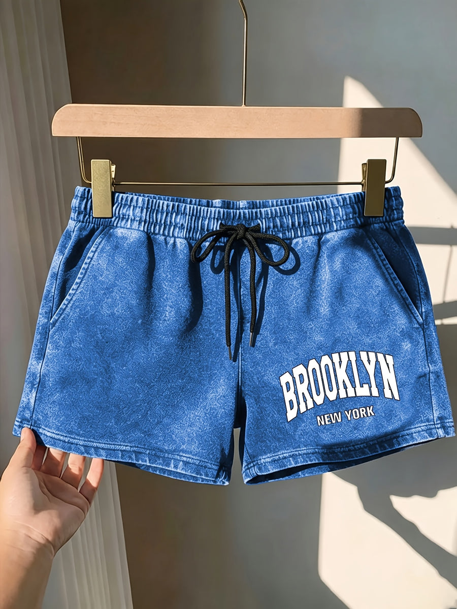 Summer Trendy Fashion Women'S Distressed Washed Shorts "BROOKLYN NEW YORK" Printed American Retro Preppy Style Comfortable for Hot Weather, with Adjustable Drawstring Waist And Pockets, Classic Silhouette, Comfortable Fit, Machine Washable Shorts - Royal Blue