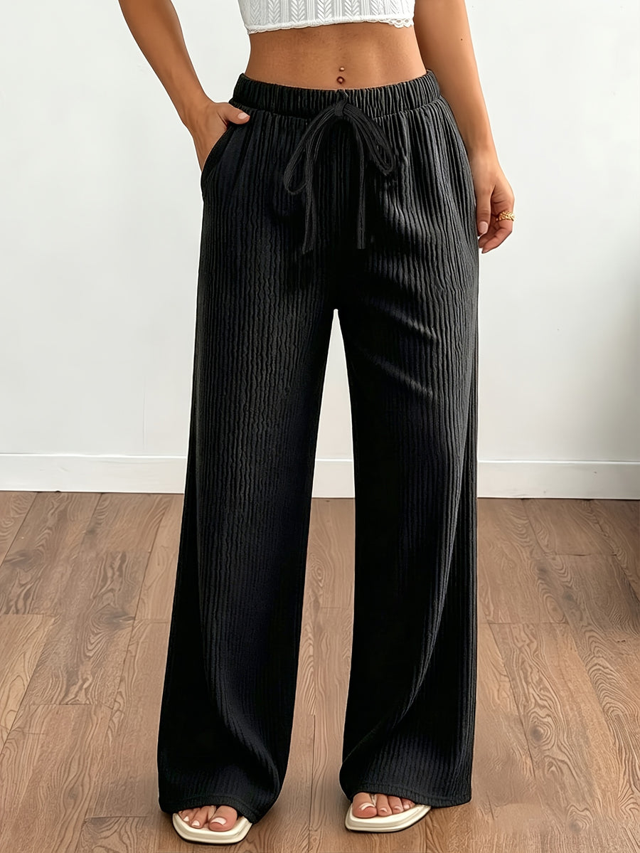 Spring/Autumn Women's Flowy Casual Straight-Leg Pants, Loose-Fit Breathable Wide-Leg Trousers with Faux Drawstring and Pockets, Comfortable and Versatile Summer Outdoor Pants - Black