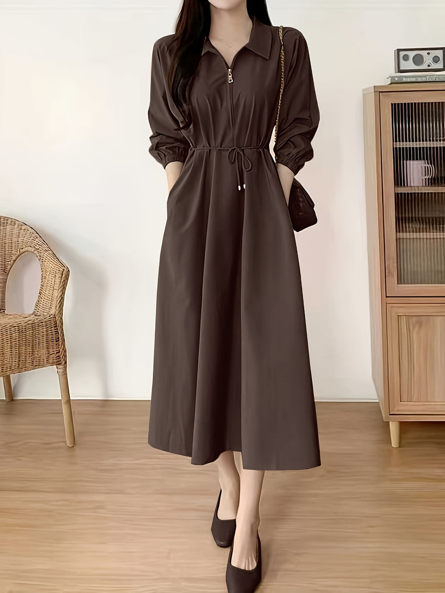 Lapel Tie Dress - Coffee Brown