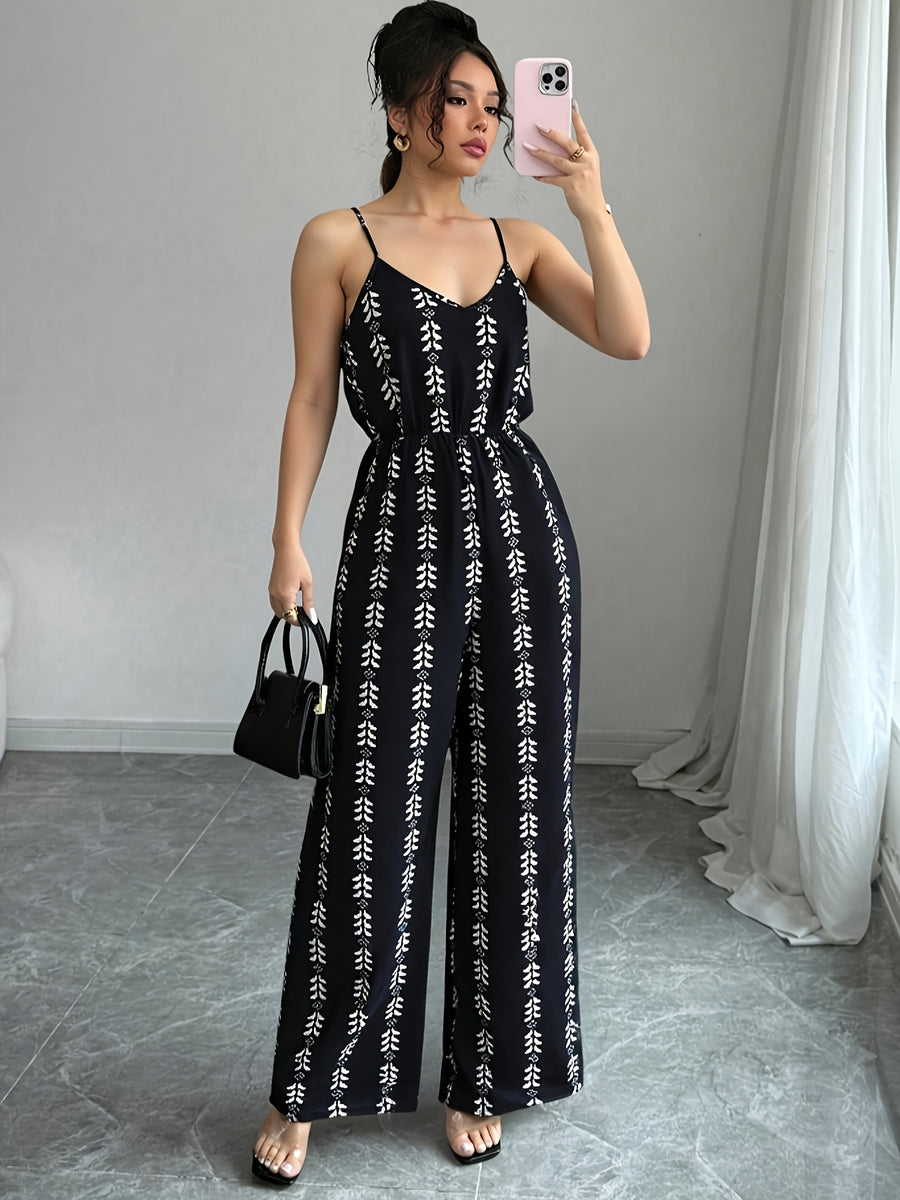 Women'S All-Over Print Loose Casual Wide-Leg Jumpsuit - Black
