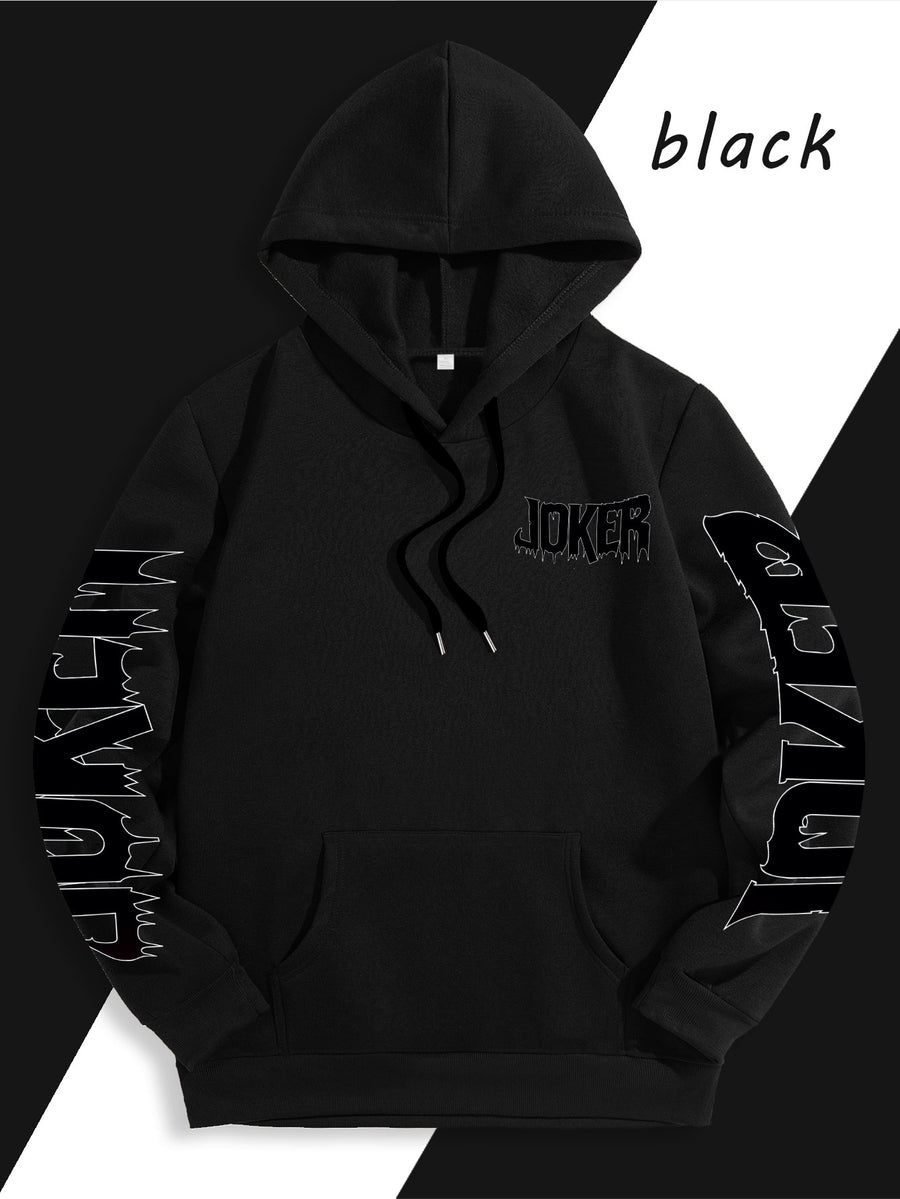Men'S Warner DC Comics Enthusiast Autumn Winter Hooded Sweatshirt, Batman Joker Half-And-Half Black White Sketch Double-Sided Print Loose Casual Hoodie, Suitable for Superhero Fans, Campus Daily Outings, Casual Shopping - Black