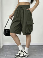 Women's Y2K Style Quick-Dry Cargo Shorts - Wide-Leg Pants with Elastic Waistband & Pockets, Shorts Suitable for Outdoor,, Casual Attire, Machine Washable, - Versatile for Occasions (No Transparency) - fern green