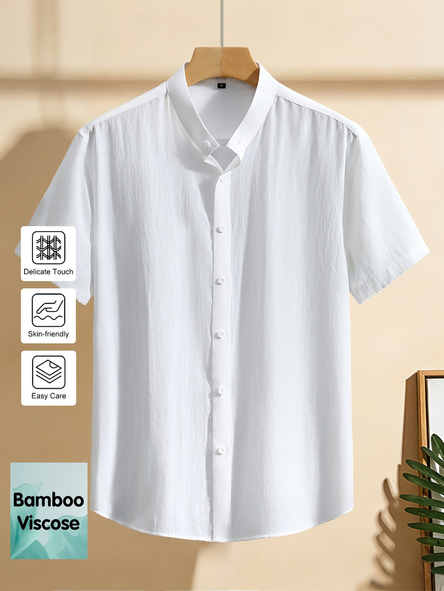 Men's Short-sleeve Shirt, Made with Natural Bamboo Fiber Fabric, Featuring a Henley/stand-up Collar Design, Versatile for Casual Wear - White