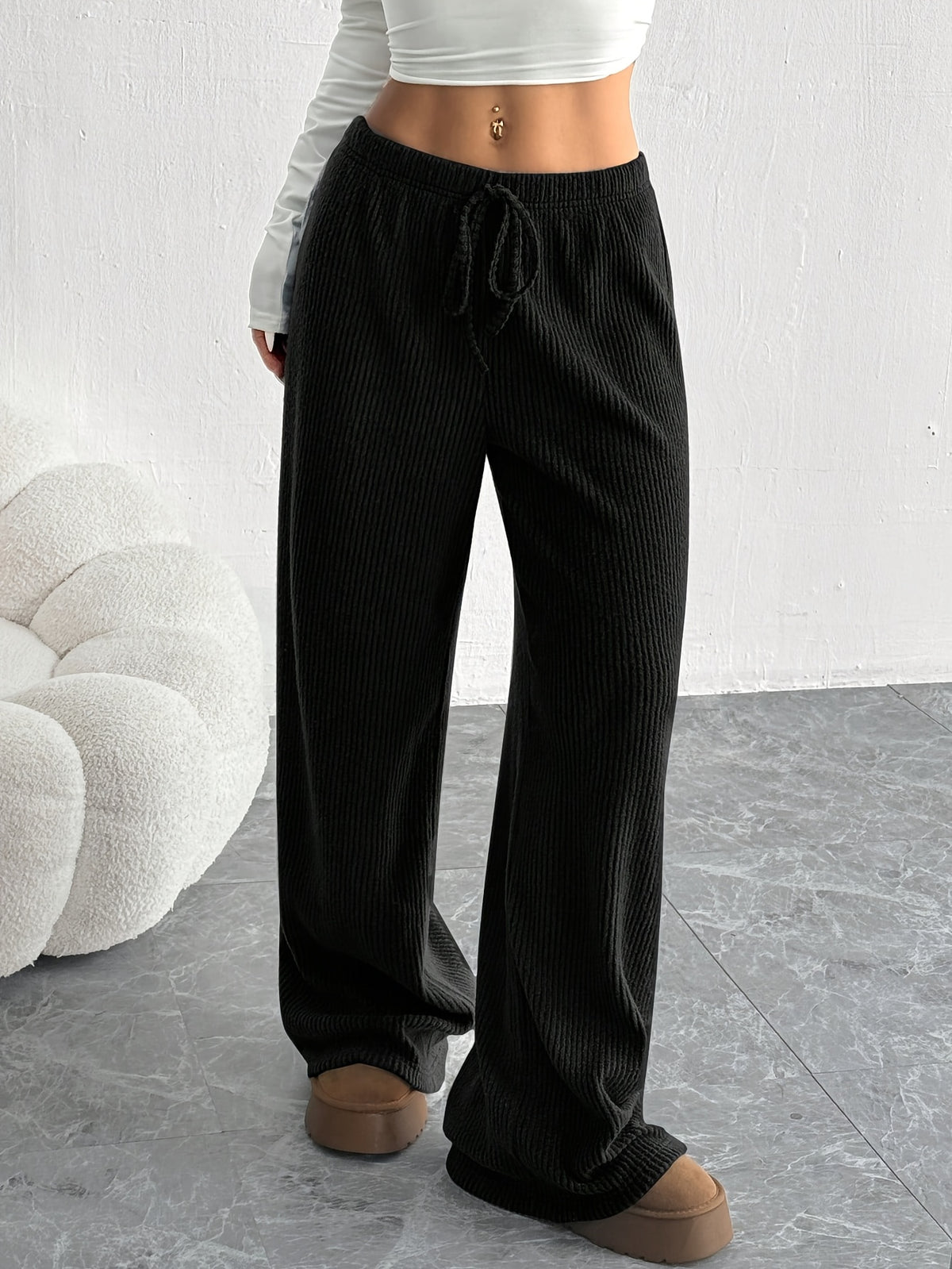 Women's Solid Color Straight Leg Loose Casual Sports Pants, New Style Ribbed Long Pants for Morning/Evening Run, Outing, Home, Perfect Choice for All Seasons, Machine Washable - Black