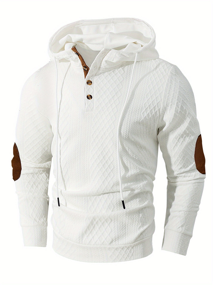 1 Men's Fashionable Casual Hooded Sweatshirt | High-End Skin-Friendly Soft Textured Jacquard Fabric | Hooded Button Design | Breathable and Warm | for Indoor Gatherings and Outdoor Sports | Wardrobe Essential for Casual Vacation Style | Suitable - White