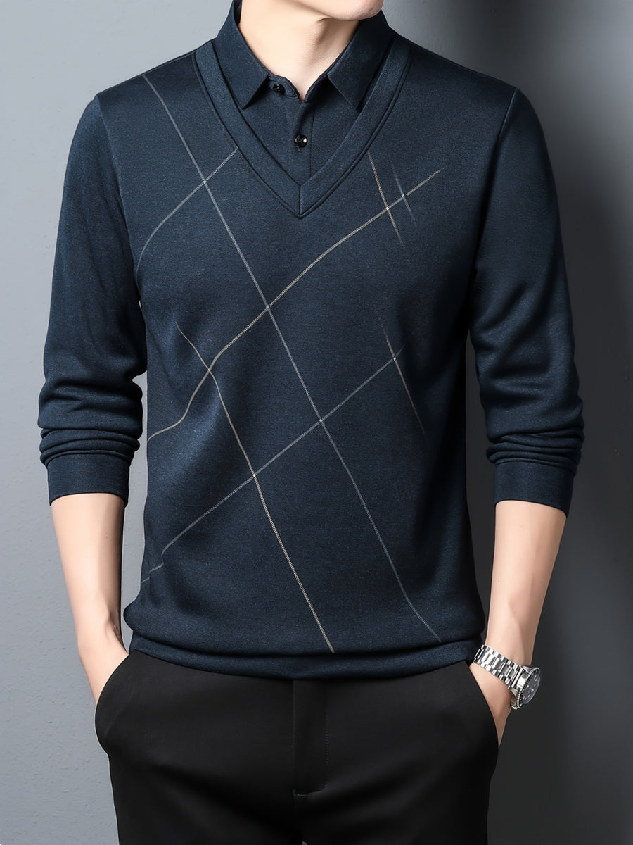 Fake Two-Piece Men'S Top Autumn Winter Base Layer Checkered Shirt Collar Men'S Business Casual Versatile Inner Top - Blue