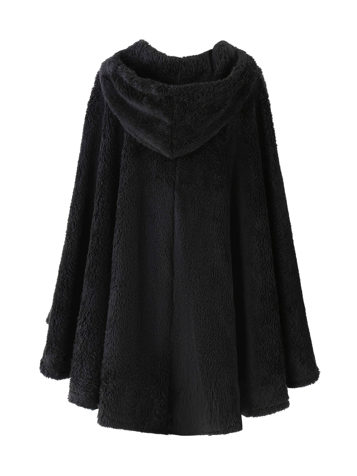 Plus Size - 1pc Faux Horn Button Size Free Solid Color Fashion Hooded Cape - Black