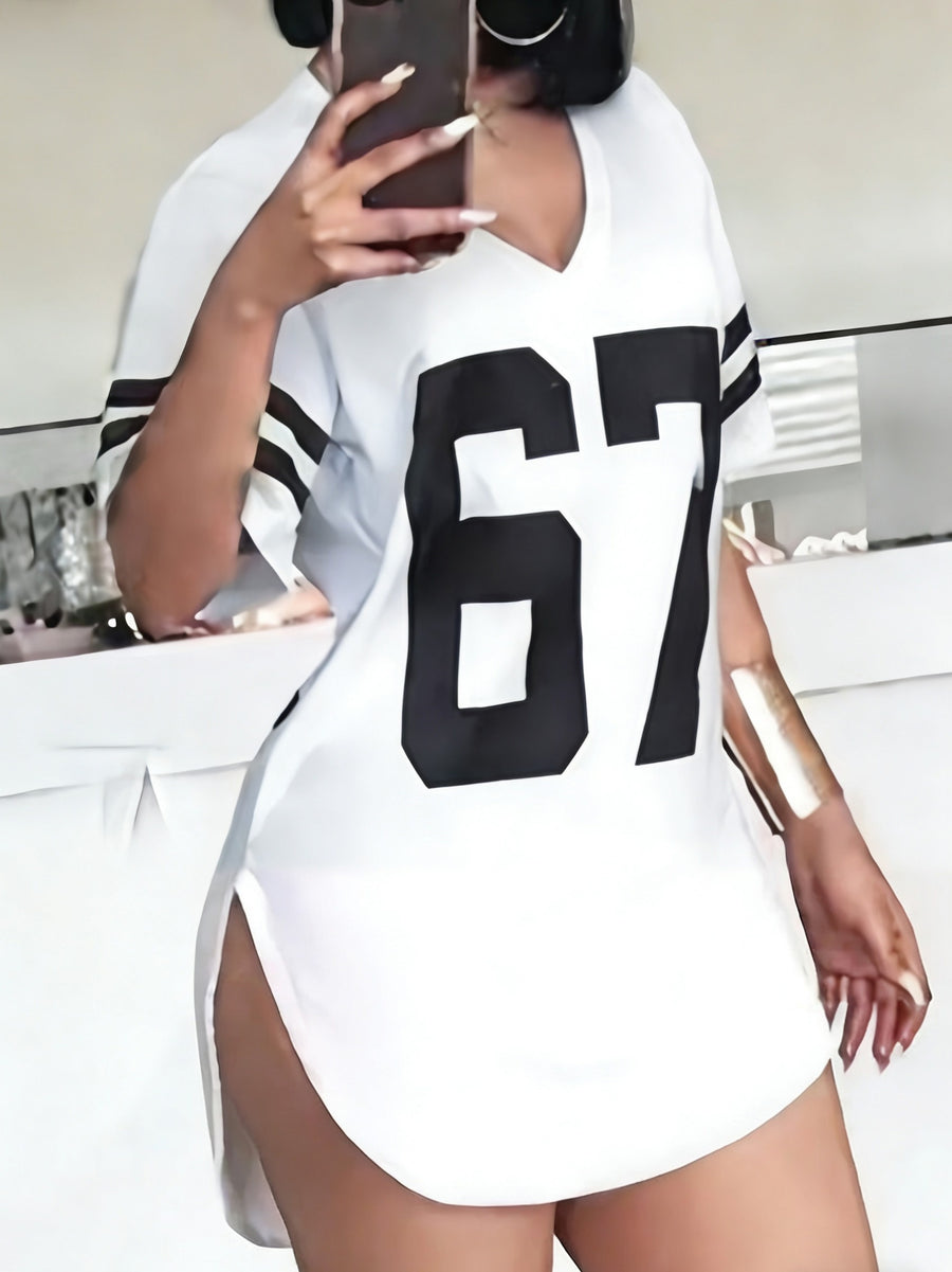2026 European And American Spring Summer New Women'S Clothing Digital Print Curved Hem V-Neck Loose Casual Short Sleeve T-Shirt Top - White