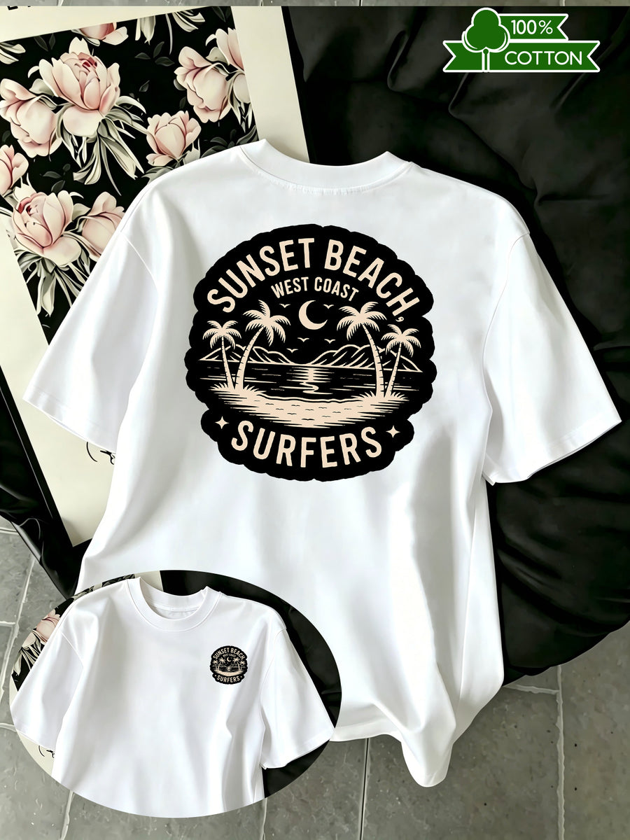 New Summer Style Men's Casual Sportswear Short-Sleeve Cotton T-Shirt with Coconut Tree and Crescent Moon Print, Moisture-Wicking and Comfortable for Fitness, Leisure, and Outdoor Activities - White