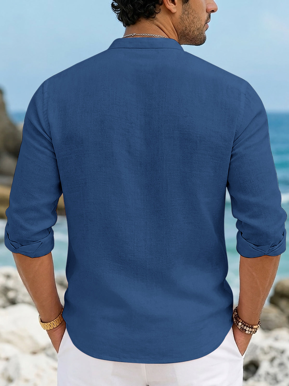Men'S Casual Stand-Collar Button-Up Long Sleeve Shirt, Faux Linen Skin-Friendly Soft Breathable, Geometric Steed Print Top, Suitable for Beach Activities, Island Vacation Style And Party Casual Commute, Comfortable Texture for Casual Men'S Wear - Navy Color