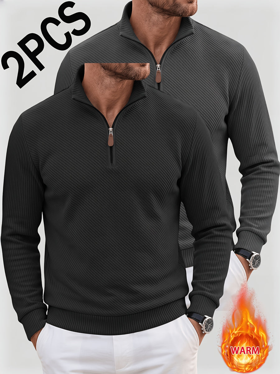 2pcs Men'S Autumn Winter New Corduroy Textured Half-Zip Stand Collar Knit Sweater Set, Light Luxury Long Sleeve Elastic Ribbed Base Layer Business Casual Inner Outerwear; Daily Commute, Home Entertaining, Camping Dating Scenarios - Black+Dark Grey
