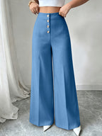 Women's New High Waisted Blue Straight Leg Pants with a Single Breasted Front, Simple, Elegant and Fashionable Pants - Vibrant Blue