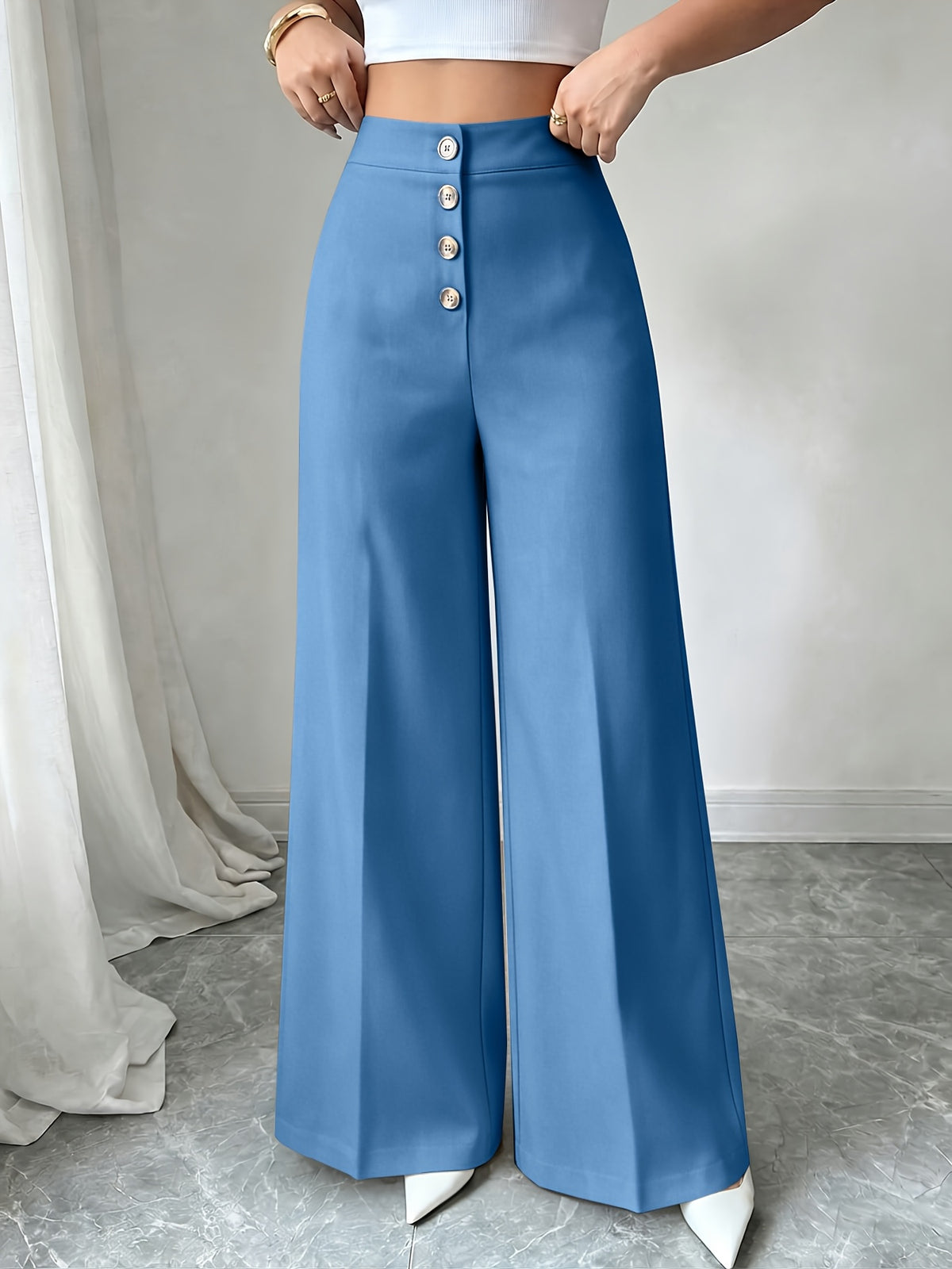 Women's New High Waisted Blue Straight Leg Pants with a Single Breasted Front, Simple, Elegant and Fashionable Pants - Vibrant Blue