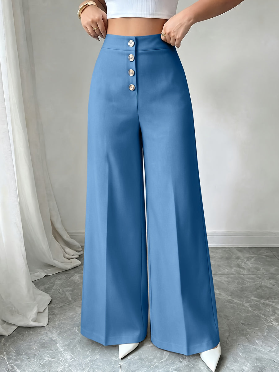 Women's New High Waisted Blue Straight Leg Pants with a Single Breasted Front, Simple, Elegant and Fashionable Pants - Vibrant Blue