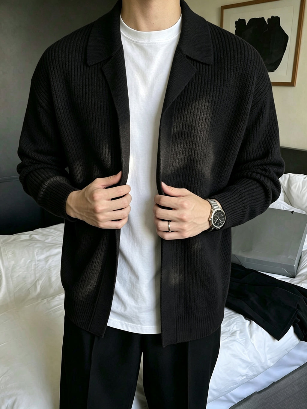 Men's Vertical Ribbed Suit-Style Lapel Buttonless Knit Cardigan, Loose Drop-Shoulder Thickened Lightly Mature Autumn/Winter Sweater Outerwear - Black