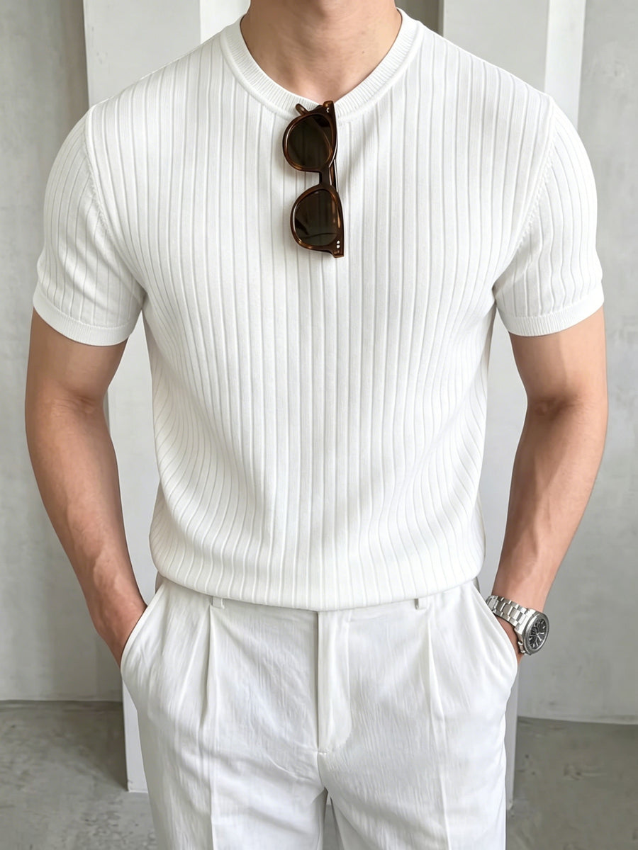 LVLAEA Men's Solid Color Ribbed Knit T-Shirt - Stretch Short Sleeve Round Neck Athletic Top, Breathable Gym & Casual Wear Suitable for Running, Workout, Daily Use, Father's Day/Christmas Gift, Non- Solid Color Shirt - White