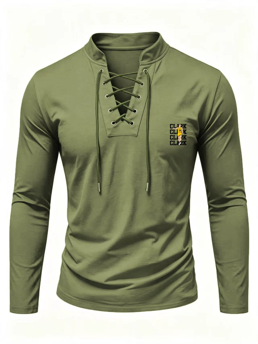 2026 New Men'S Stand Collar Cross-Strap Long Sleeve Shirt, Unique Cross-Strap Neckline Design Eye-Catching, Chest Repeating Letter Cartoon Print Trendy Individual, All-Season Wearable Inner Layer, Commute And Casual Versatile Top - Military Green