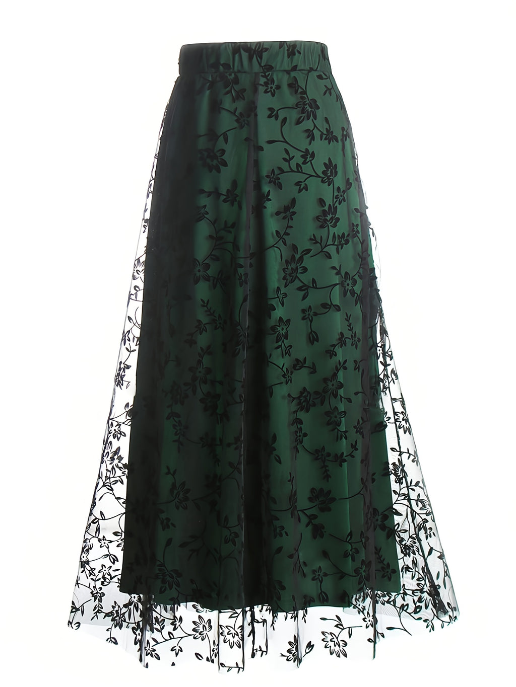 New High-Waisted Mesh Skirt with Loose Floral Embroidery A-Line for Women - Dark Green