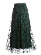 New High-Waisted Mesh Skirt with Loose Floral Embroidery A-Line for Women - Dark Green