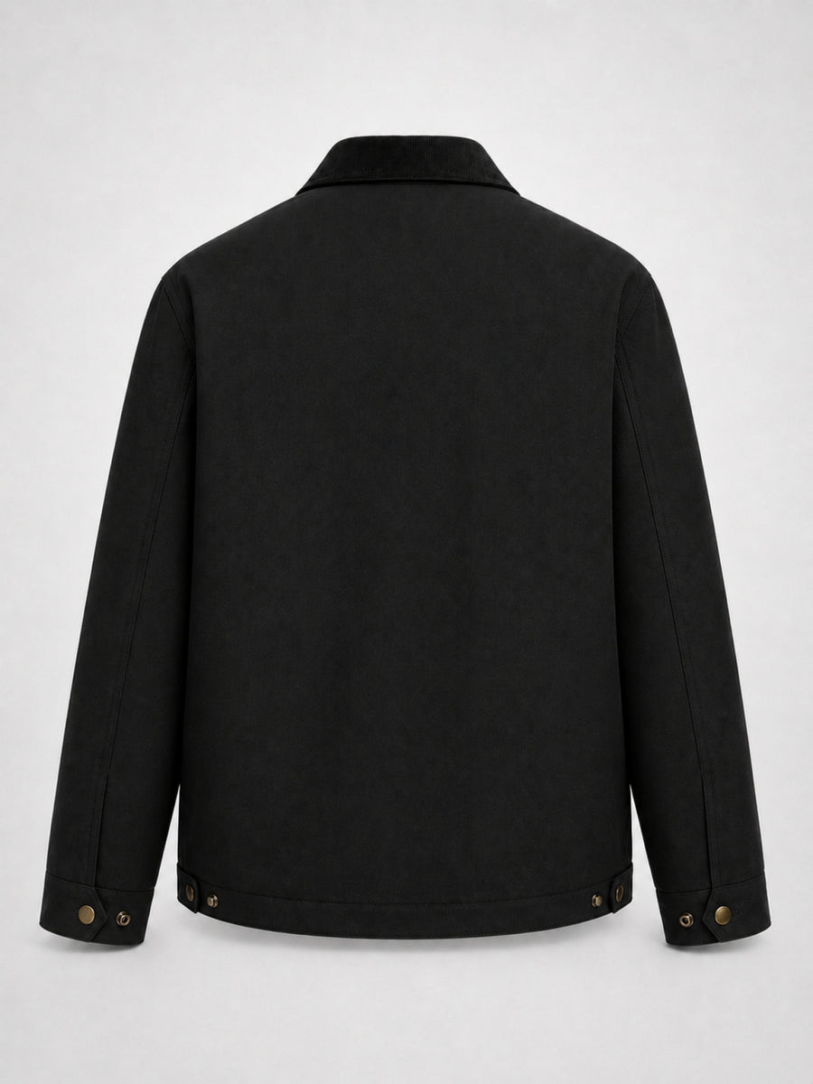 2026 American Heavyweight Workwear Coach Jacket for Men, Solid Color Lapel Versatile Jacket, Vintage Corduroy Lapel Workwear Jacket - Black