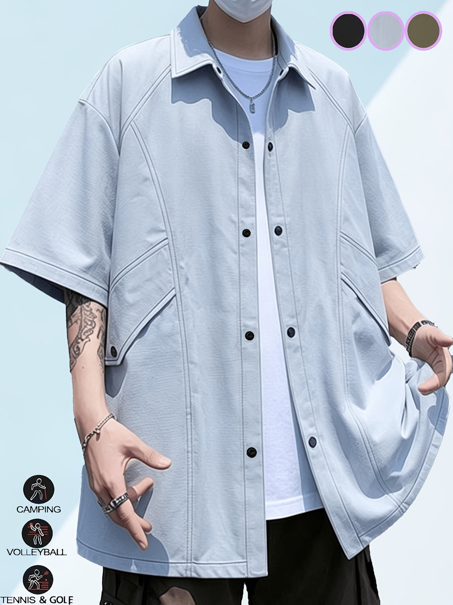 Zhiyu OBM Men's Multi-Color Workwear Short-Sleeve Shirt Jacket, Functional Topstitch Design Casual Outdoor Shirt, Cool and Stylish Must-Have Shirt Jacket for Boys - Glacier Blue