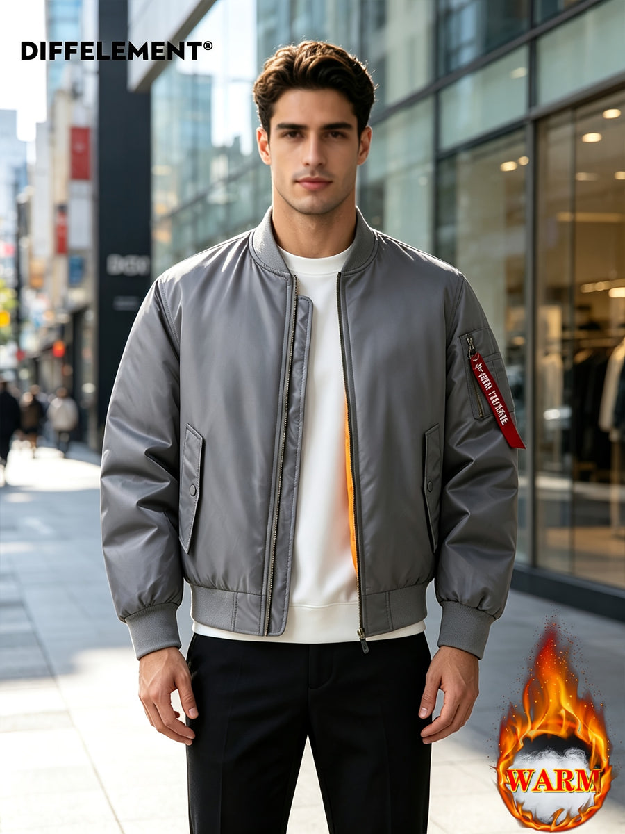 DIFFELEMENT Men's Baseball Collar Flight Jacket, Windproof, Wrinkle-Resistant, Wear-Resistant, Woven Fabric, Smooth Zipper Closure, Ribbed Cuffs and Hem, Sleeves with Pockets, Red Ribbon Accent, Loose Casual Fit, Suitable for Urban Commuting - Grey