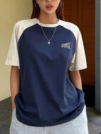 Women'S Fashion Letter Print T-Shirt, Round Neck Contrast Design, Suitable for Casual Outings - Mixed colors