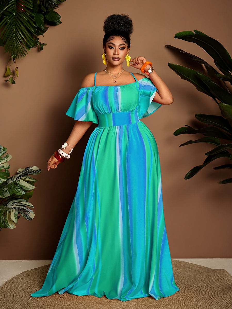 Plus Size Women'S Printed New Spring Summer Off-Shoulder Long Dress - Green