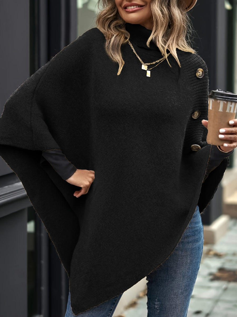 Elegant Special "Slim Fit Bust" 1 Elegant Women's Solid Color High-neck Shawl Pullover, Side Faux Button Decoration, Asymmetrical Design, 100% Polyester, Fashionable and Elegant Vintage Ethnic Style Pullover, Suitable for Spring, Autumn, and Winter - Black