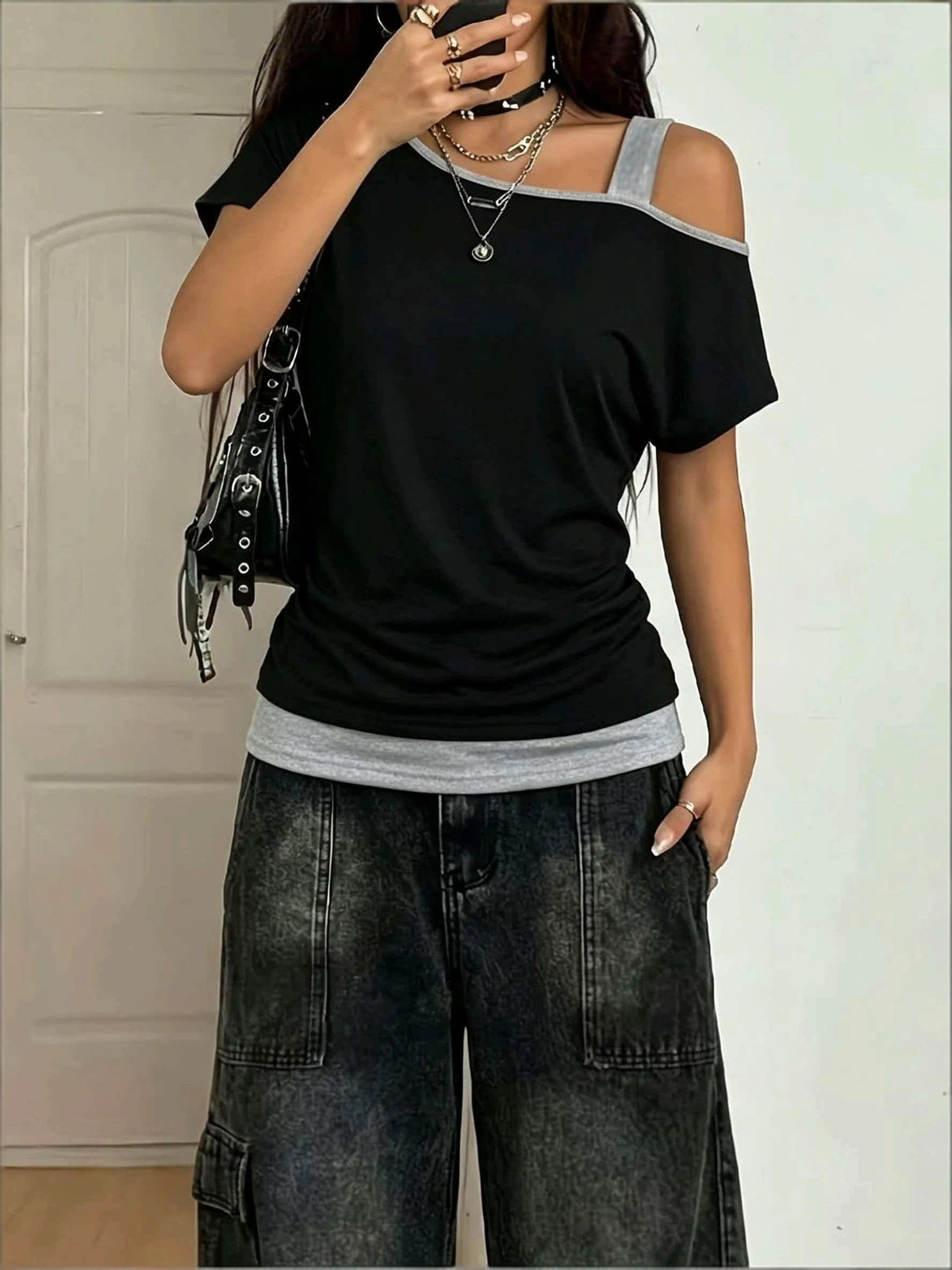 Women's Elegant Printed One-Shoulder Fashion Vest - Black