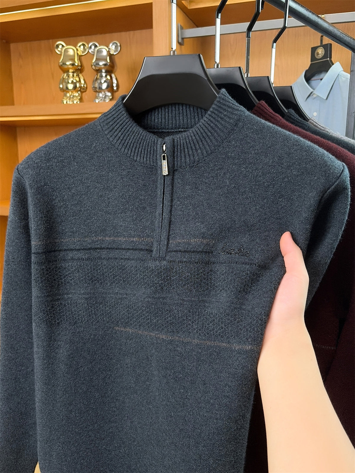Autumn Winter Knit 3D Solid Round Neck Half-Zip Sweater, Basic Knit Pullover Top for Men, Fashionable Long Sleeve HJ - Gray Green