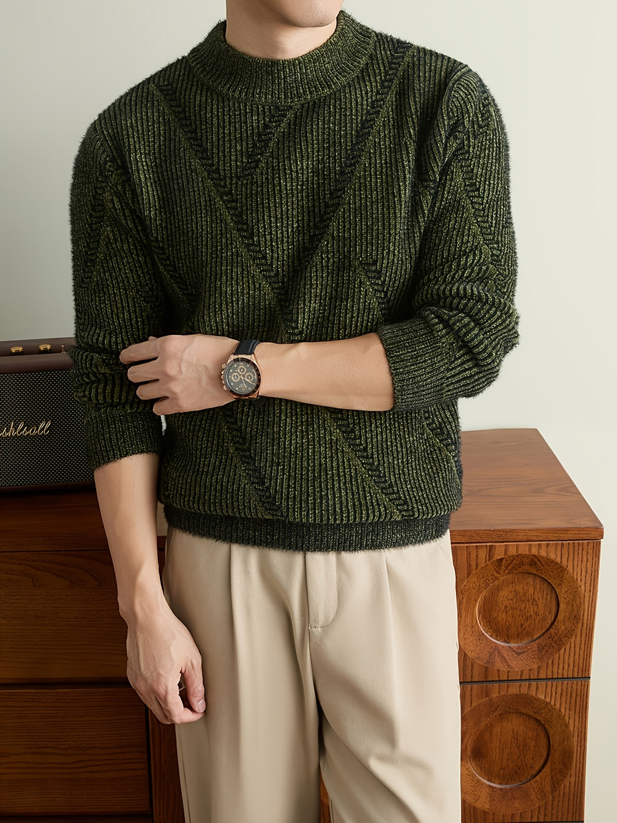 Men'S Olive Green Herringbone Knit Crew Neck Sweater, Textured Long Sleeve Pullover with Ribbed Trim, Old Money Fall Winter Top - Olive Green Color