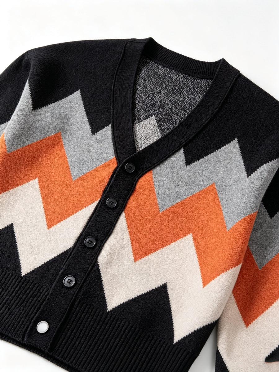 Trendy Geometric Ripple Jacquard V-Neck Knit Sweater Cardigan, Layered Contrast Color Wave Pattern Pullover Cardigan, Men's Casual Layering Button-Up Cardigan Sweater - Black