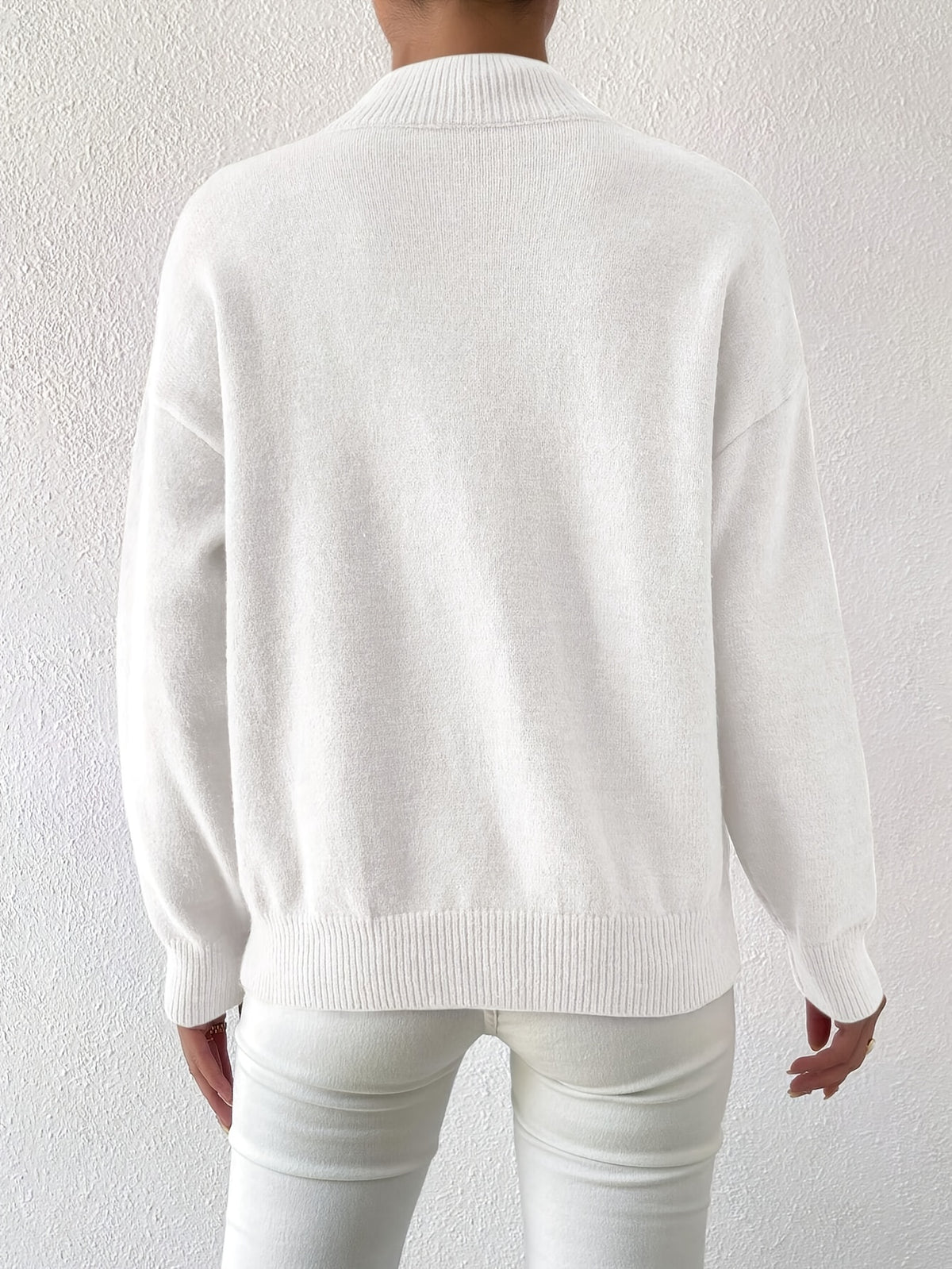 Women's Solid Color Elegant Mock Neck Long Sleeve Drop Shoulder Pullover Sweater - White