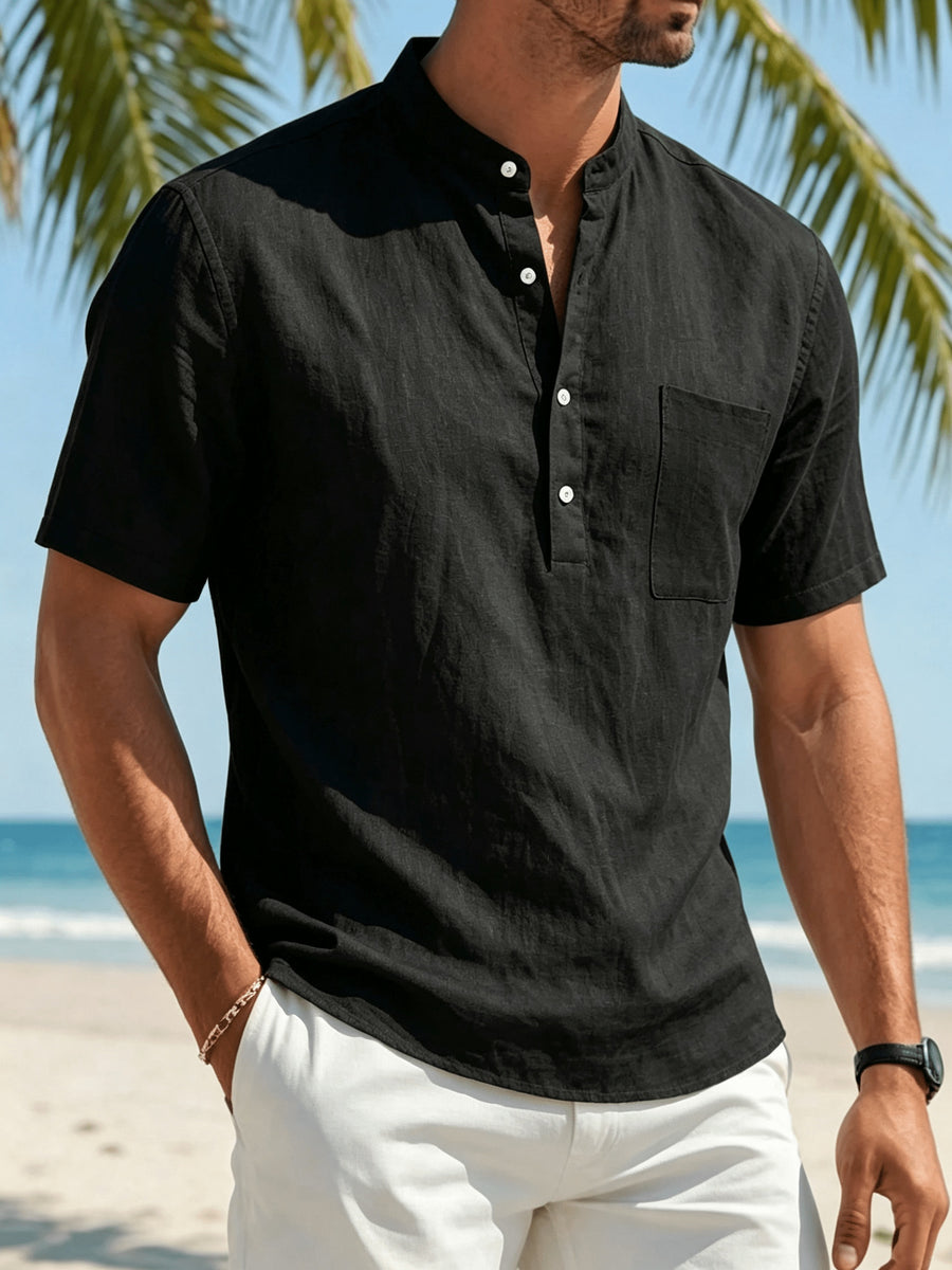 Men's Henry Collar Short Sleeve Three-pc Stand Collar Half-Button Casual Top with Pockets, Solid Color Versatile Top - White+Black+Army Green
