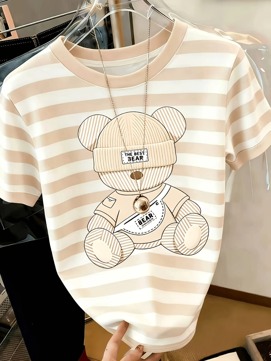 Printed Design – Not Textured: Women's Casual Striped Bear Print Crew Neck T-Shirt, the Perfect Summer Gift for Women - Mixed Color 2