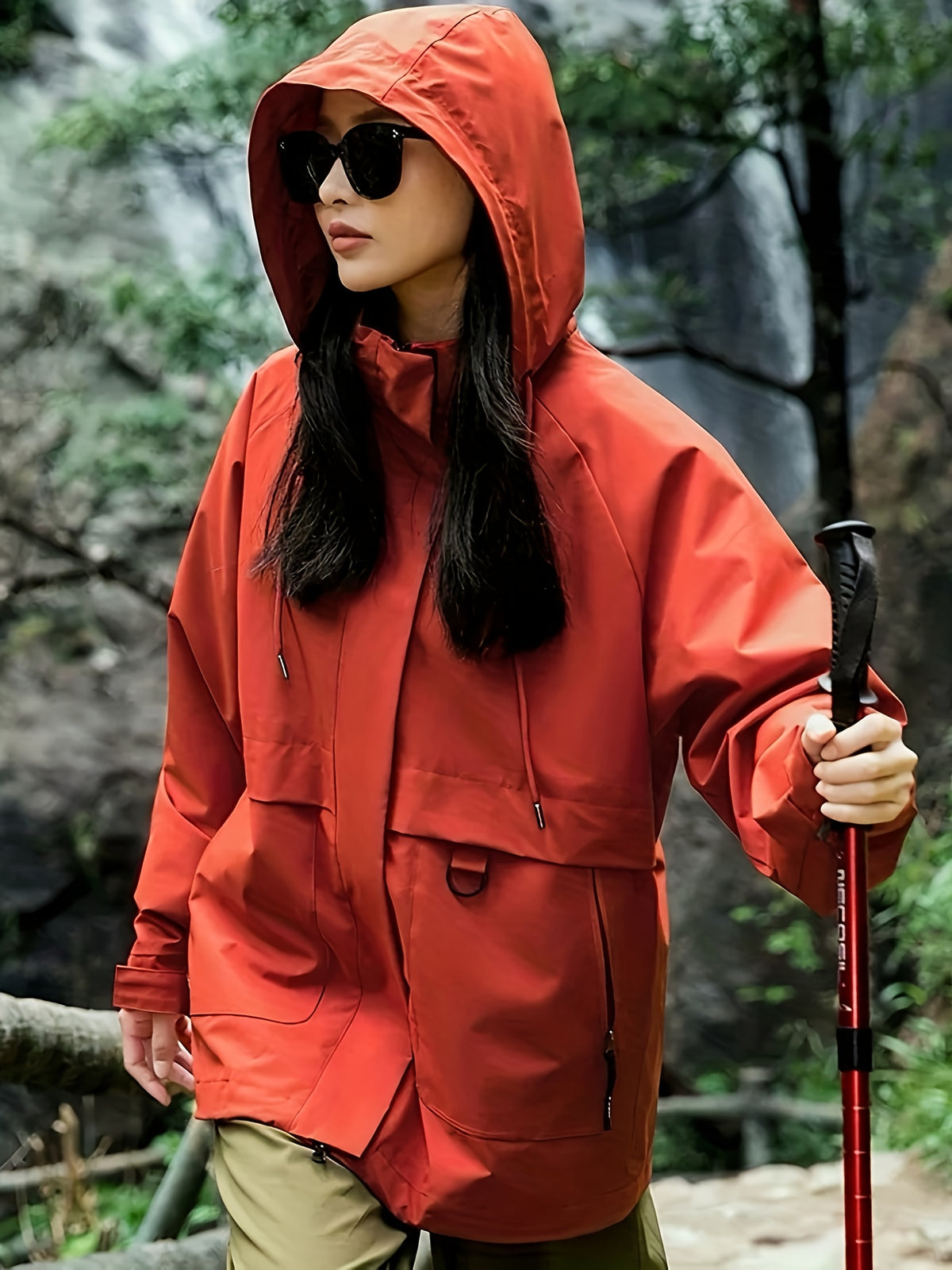Women's Outdoor Windbreaker Jacket, Stylish Autumn/Winter Outerwear, Casual Loose Windproof Jacket, Fashionable Cardigan Workwear Trench Coat - Brick Red