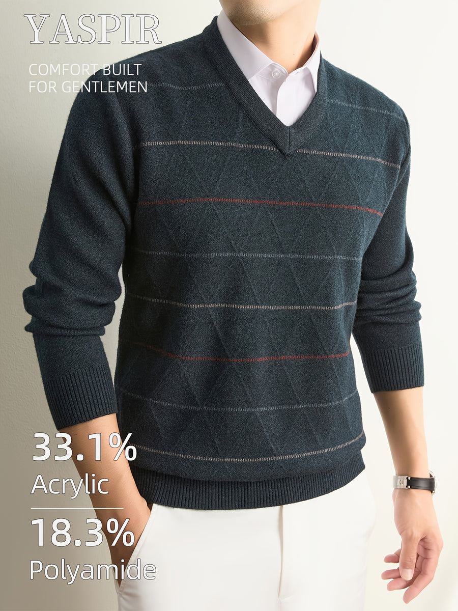 Autumn Winter Men'S Knit Pullover Sweater, Classic V-Neck Striped Design, Easy Casual Old Money Style Warm And Cold-Resistant, Suitable for Daily Commute, Leisure, Sports, Outdoor Camping, Hiking, Fishing, Holiday Gift for Father Or Husband - Dark Gray